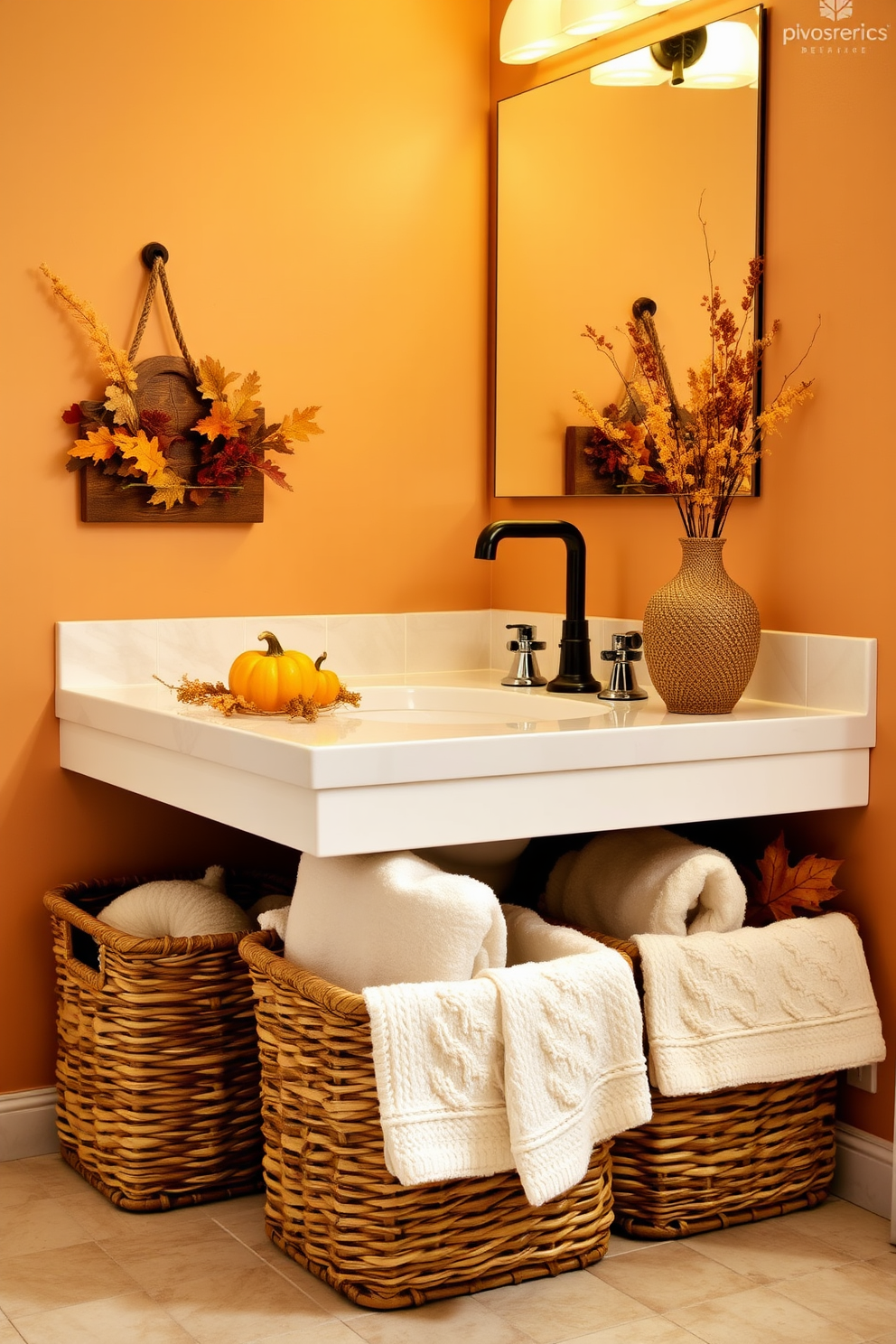 A cozy fall bathroom setting featuring decorative baskets for extra storage. The baskets are woven in natural fibers, placed neatly under the vanity and filled with plush towels and seasonal decor. The walls are adorned with warm autumn colors, complemented by small pumpkins and dried leaves. Soft lighting creates an inviting atmosphere, enhancing the overall fall theme.