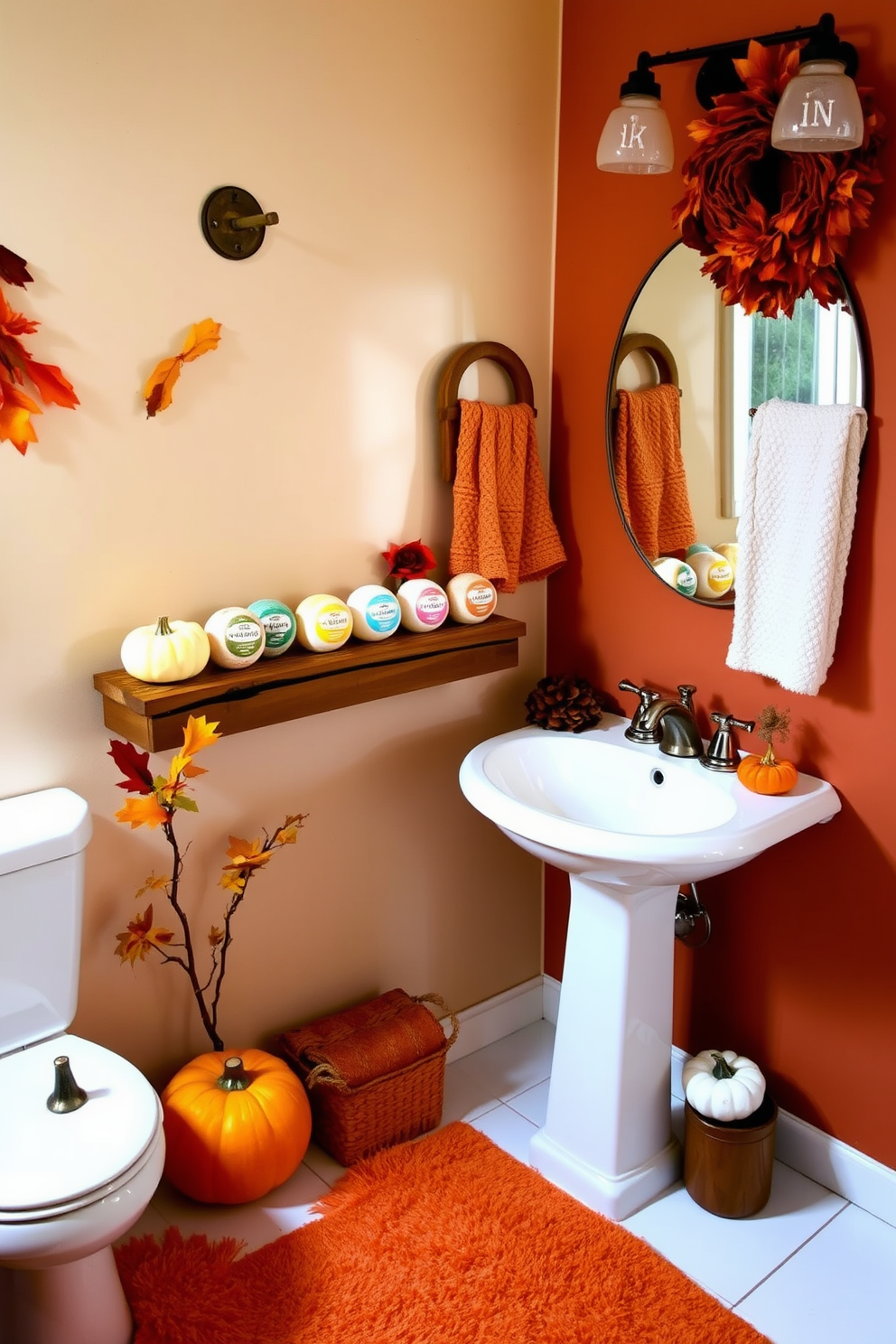 A cozy fall bathroom setting featuring seasonal bath bombs in autumn scents displayed on a rustic wooden shelf. The walls are adorned with warm-toned decorations, and a plush orange rug adds a touch of comfort underfoot. Decorative elements include small pumpkins and dried leaves arranged artfully around the sink area. Soft, ambient lighting creates a relaxing atmosphere, enhancing the inviting fall theme.