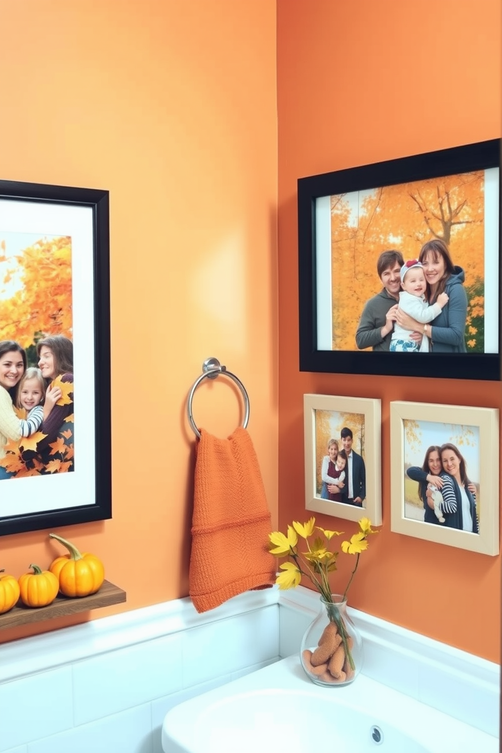 Framed family photos adorn the walls, capturing cherished moments amidst vibrant autumn foliage. The bathroom features warm tones of orange and brown, complemented by seasonal decorations like small pumpkins and golden leaves.