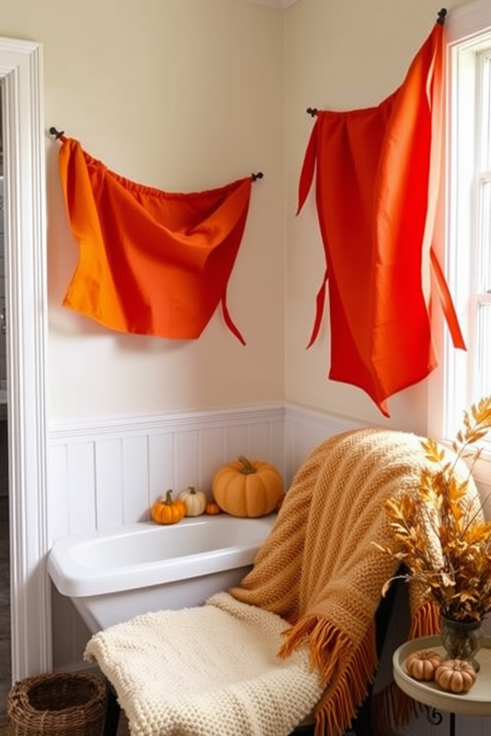 Hanging fabric banners in rich fall colors create a warm and inviting atmosphere. The banners feature shades of orange, red, and yellow, fluttering gently in the soft breeze. For fall bathroom decorating ideas, consider incorporating natural elements like small pumpkins and dried leaves. A cozy, textured throw can be draped over a chair to enhance the seasonal charm.