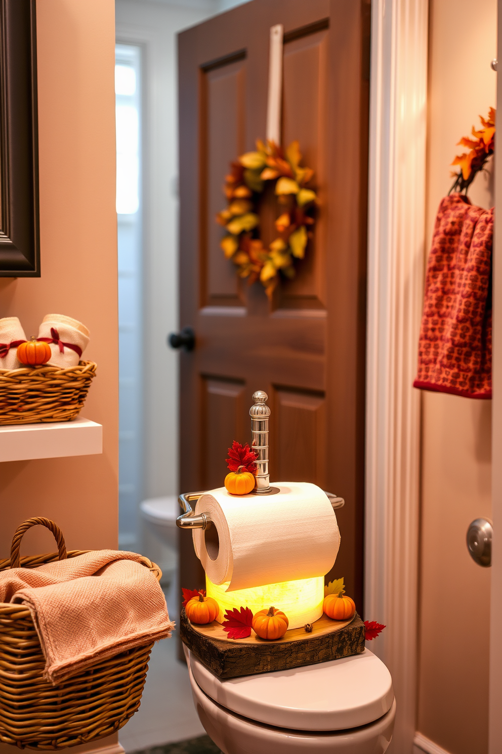 Charming lanterns are strategically placed around the bathroom, casting a warm and inviting glow. The lanterns feature intricate designs and are made of wrought iron, enhancing the cozy autumn atmosphere. The bathroom is adorned with seasonal decorations, including small pumpkins and colorful leaves. A soft, textured throw is draped over a wicker basket, adding comfort and a touch of rustic charm.