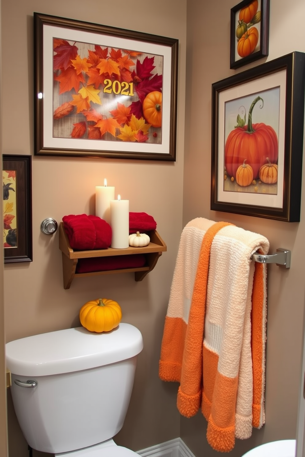 A cozy bathroom adorned with seasonal artwork that highlights autumn themes. The walls are decorated with framed prints of colorful leaves and pumpkins, creating a warm and inviting atmosphere. Soft, plush towels in shades of orange and deep red are neatly arranged on the towel rack. A small wooden shelf displays scented candles and decorative gourds, enhancing the fall-inspired decor.