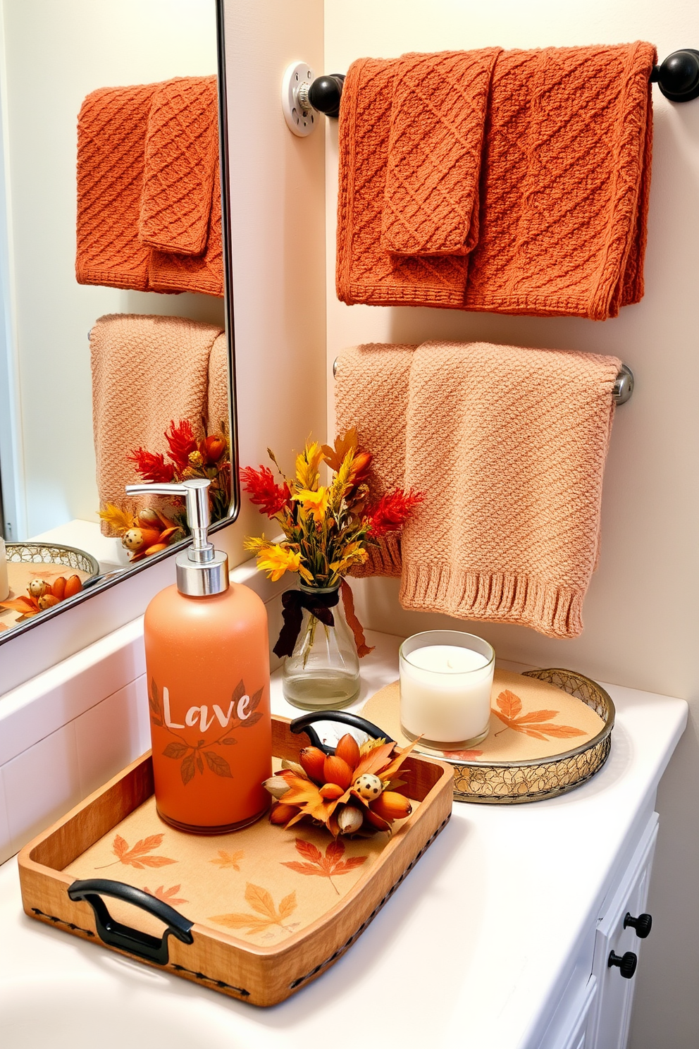 Create a cozy bathroom scene adorned with autumn-themed soap dispensers and matching trays. The soap dispensers feature warm hues of orange and brown, while the trays are decorated with leaf motifs and rustic textures. Incorporate plush towels in earth tones and a scented candle with a pumpkin spice fragrance. The walls are painted in a soft cream color, and a small arrangement of dried flowers in autumn colors sits on the countertop.