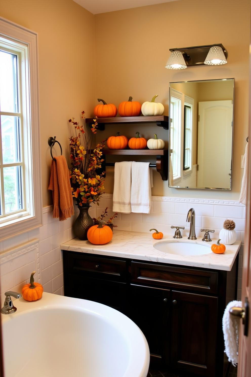 A charming fall bathroom setting featuring pumpkin accents on the countertop and shelves. The warm orange hues of the pumpkins complement the neutral tones of the bathroom decor.