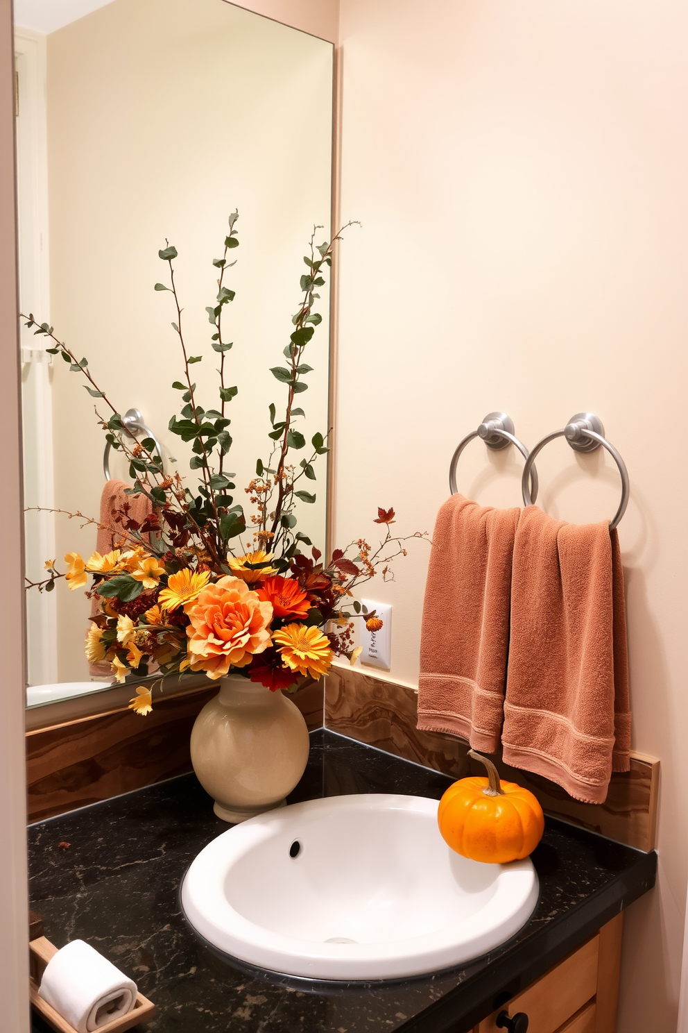 A serene bathroom decorated for fall. Eucalyptus branches and warm-toned floral arrangements are artfully arranged in a ceramic vase on the countertop, complementing the natural wood accents. The walls are adorned with soft beige tones, creating a cozy atmosphere. Plush towels in earthy hues hang neatly, while a small pumpkin sits beside the sink for a seasonal touch.