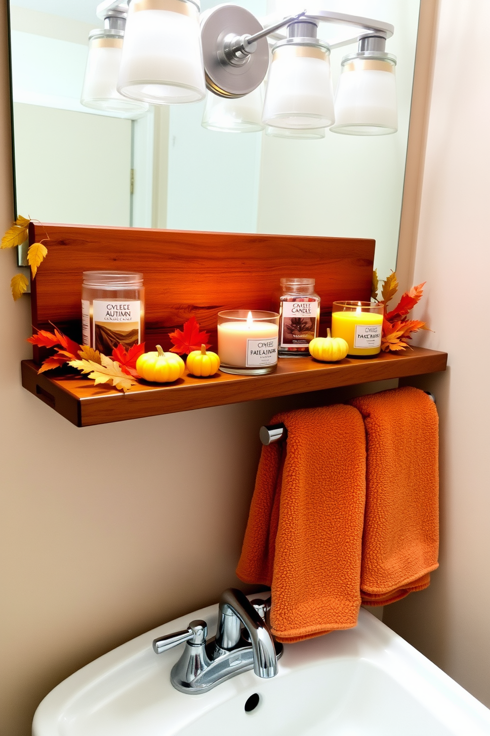 A cozy bathroom setting adorned with scented candles featuring autumn fragrances. The candles are arranged on a wooden shelf above the sink, surrounded by small decorative pumpkins and leaves. Warm tones of orange and gold accent the space, creating an inviting atmosphere. Soft, plush towels in earthy hues are neatly hung on a rack, complementing the seasonal decor.