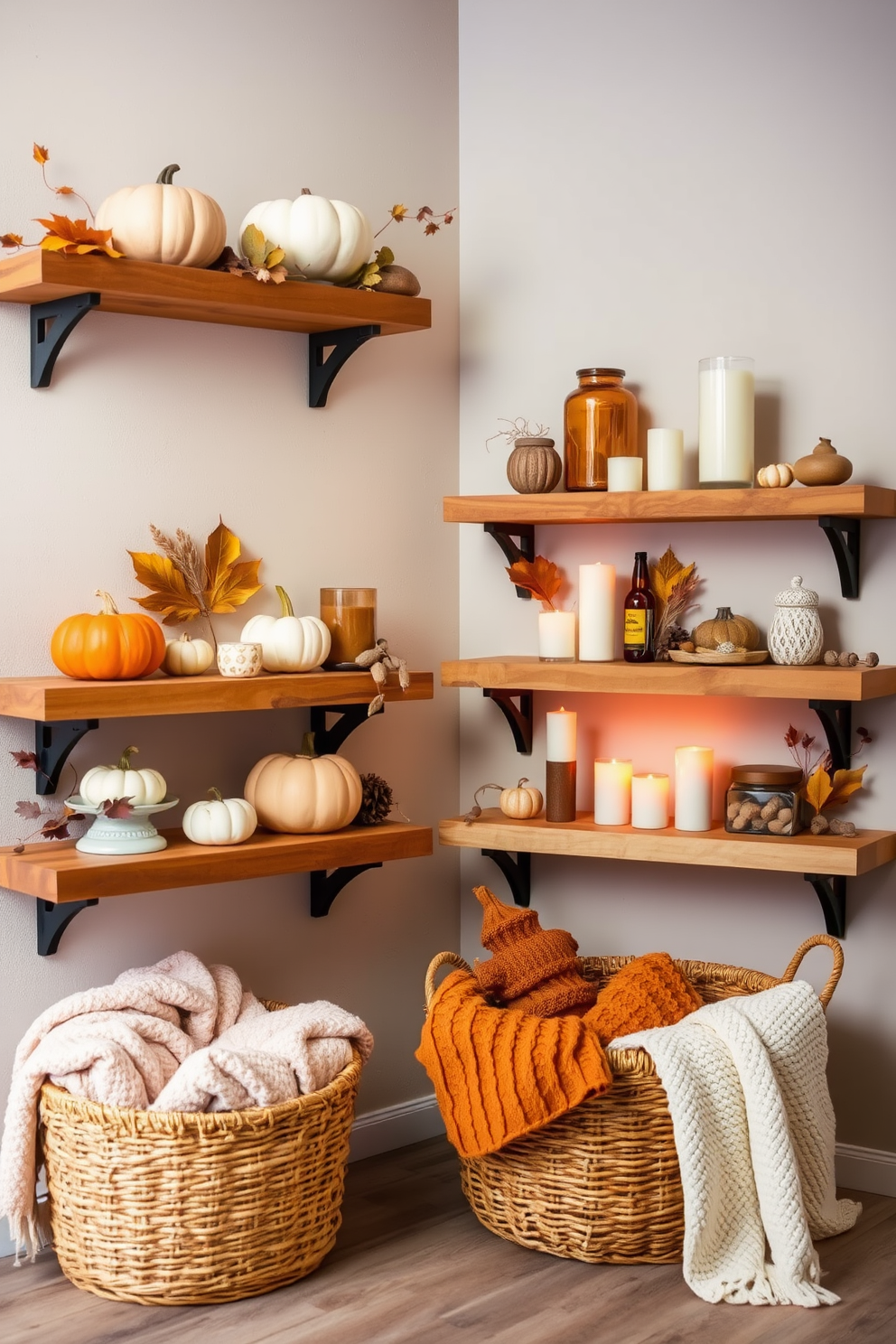 Rustic wooden shelves are adorned with an array of seasonal decorations that evoke the warmth of autumn. The shelves feature pumpkins, dried leaves, and cozy candles that create a welcoming atmosphere in the fall. Above the shelves, a backdrop of soft, muted colors enhances the rustic charm. A woven basket sits on the floor, filled with plush blankets for added comfort during the cooler months.