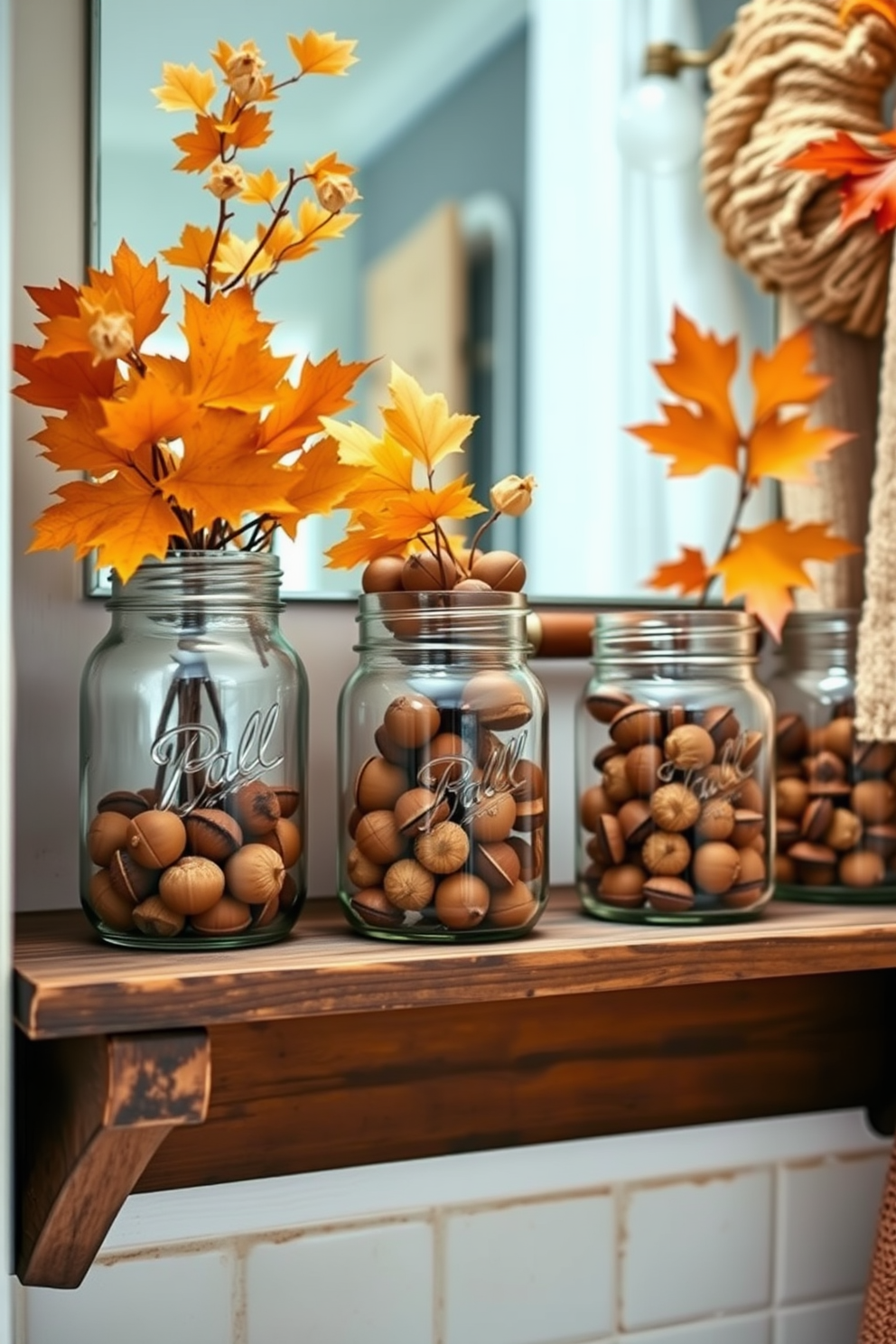 A serene bathroom setting featuring a beautiful arrangement of eucalyptus leaves in a clear glass vase. The vase sits on a rustic wooden shelf above a freestanding bathtub, surrounded by soft white towels and candles for a calming atmosphere. The walls are adorned with subtle autumn-themed decorations, incorporating warm tones of orange and gold. A plush area rug in earthy colors complements the natural elements, creating a cozy and inviting fall ambiance.