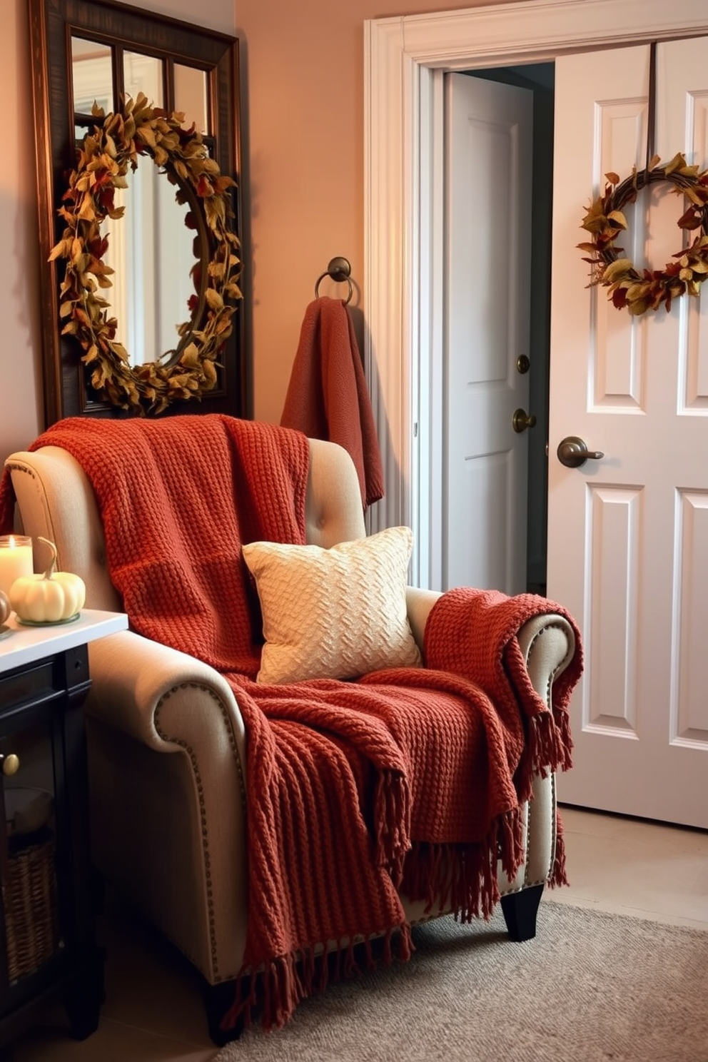 Textured throw blankets are draped over a plush armchair in a cozy bathroom setting, adding warmth and comfort to the space. The blankets feature rich autumnal colors like deep oranges and warm browns, perfectly complementing the seasonal decor. The bathroom is adorned with subtle fall accents, such as small pumpkins placed on the countertop and a wreath of dried leaves hanging on the door. Soft candlelight flickers from strategically placed candles, creating a serene and inviting atmosphere.