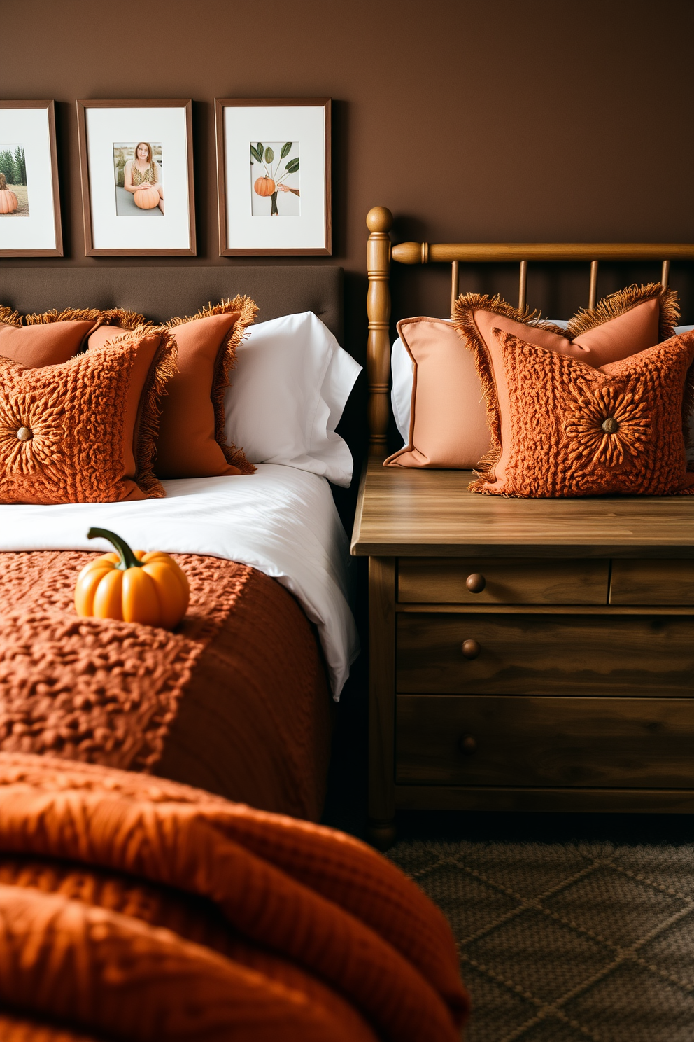 A cozy fall bedroom adorned with natural elements. Branches and leaves in warm autumn hues are artfully arranged as wall decor, creating a serene atmosphere. The bed is dressed in soft, textured linens with earthy tones, complemented by a chunky knit throw. A rustic wooden nightstand holds a small vase filled with fresh seasonal foliage, enhancing the natural aesthetic.