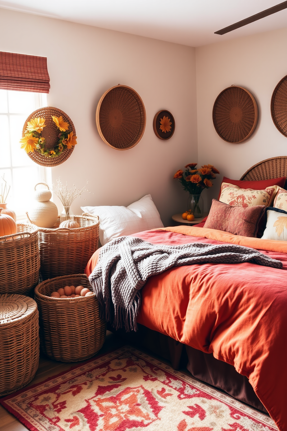 A cozy fall bedroom filled with warm hues and textures. Woven baskets are strategically placed around the room, serving as both storage and decorative elements. The bed is adorned with plush, autumn-themed bedding in shades of orange and deep red. A soft knit throw is draped over the edge, while a few decorative pillows add a touch of comfort.