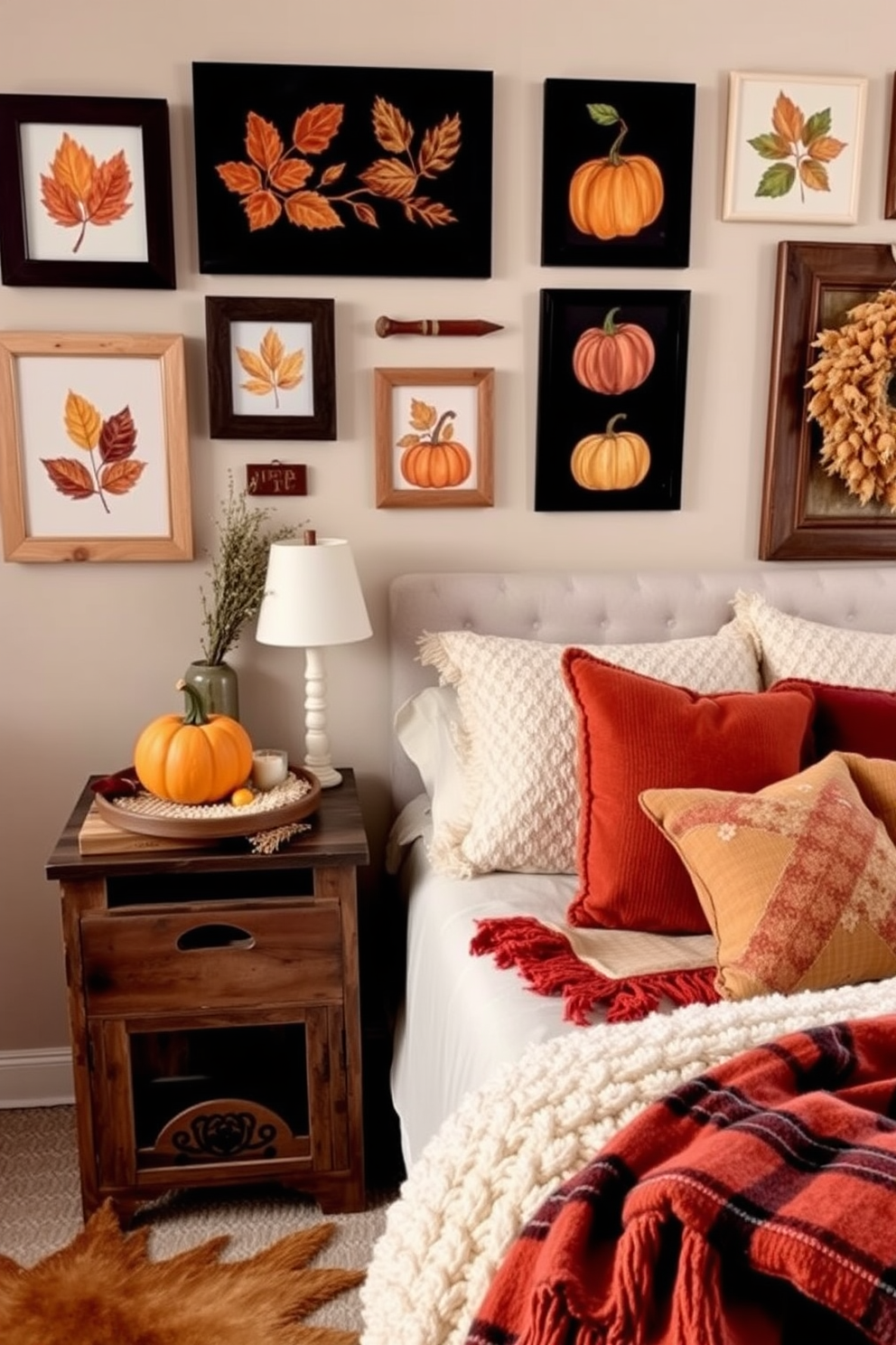 A cozy fall-themed bedroom featuring warm colors and natural textures. The walls are adorned with various wall art pieces depicting autumn leaves and pumpkins, creating a seasonal ambiance. The bedding is layered with soft, plaid blankets and plush pillows in shades of orange and burgundy. A rustic wooden nightstand holds a small pumpkin and a candle, enhancing the fall atmosphere.