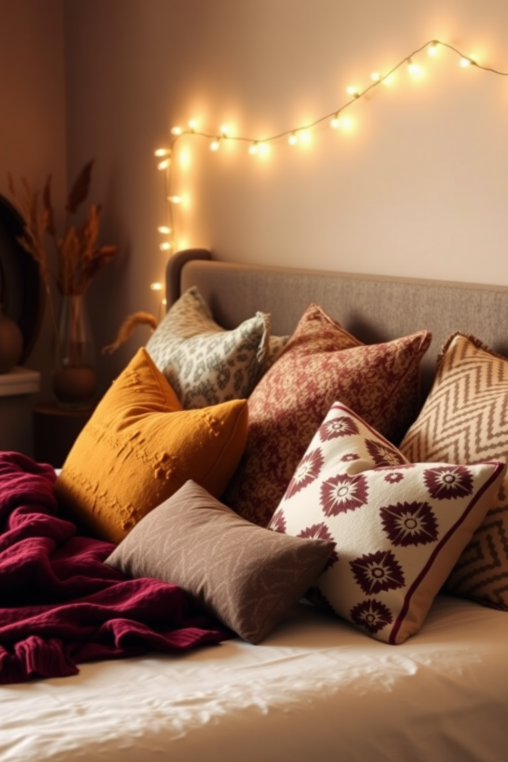 A cozy fall bedroom filled with warm tones and textures. Soft string lights are draped along the headboard, casting a gentle glow across the room. Plush blankets in rich burgundy and mustard yellow are layered on the bed. A collection of decorative pillows in various patterns adds depth and comfort to the space.