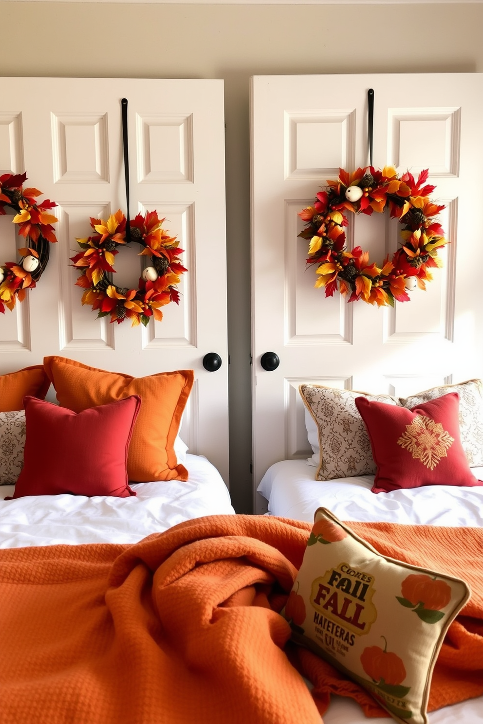 Gorgeous fall wreaths adorn the bedroom doors creating a warm and inviting atmosphere. Each wreath is crafted from vibrant autumn leaves, berries, and pinecones, reflecting the rich colors of the season. Soft, cozy blankets in warm tones are draped over the beds, enhancing the seasonal theme. Decorative pillows with fall-inspired patterns add a touch of comfort and style to the overall decor.