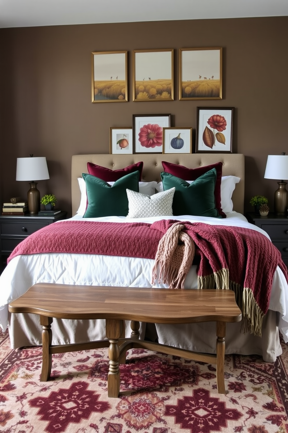 A cozy fall bedroom retreat featuring muted jewel tones like deep emerald and rich burgundy. The bed is adorned with plush velvet pillows and a soft knitted throw, while a vintage wooden bench sits at the foot of the bed. The walls are painted in a warm taupe, complementing the jewel tones throughout the room. A stylish area rug with intricate patterns anchors the space, and a collection of autumn-themed artwork hangs above the nightstands.