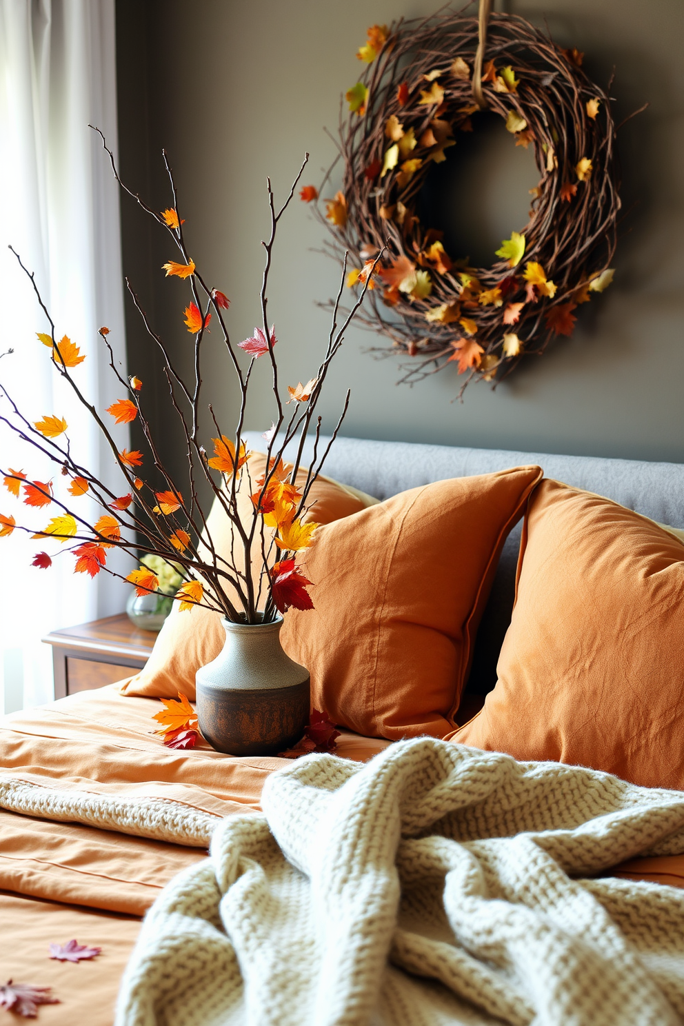 A cozy fall bedroom setting featuring chairs adorned with textured throws in warm earthy tones. The room is illuminated by soft, ambient lighting, creating a welcoming atmosphere perfect for relaxation.