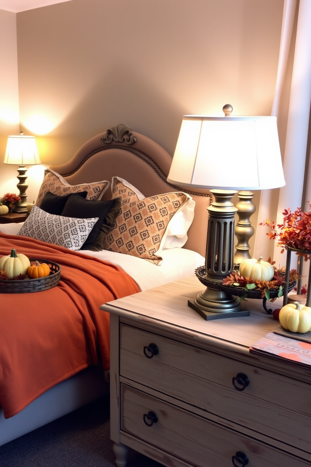 A cozy fall bedroom featuring vintage-inspired decor with a modern twist. The room includes a plush upholstered bed with an ornate headboard and layered with warm-toned blankets and patterned throw pillows. Soft ambient lighting is provided by a pair of antique bedside lamps with unique shades. A rustic wooden dresser complements the decor, adorned with seasonal decorations like small pumpkins and autumn foliage.