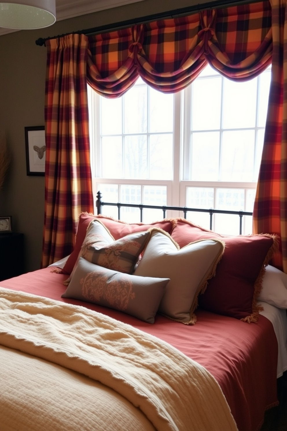 A cozy fall bedroom adorned with plaid curtains that bring warmth and texture to the space. The bed is dressed in rich, earthy tones with layered blankets and decorative pillows, creating an inviting atmosphere.