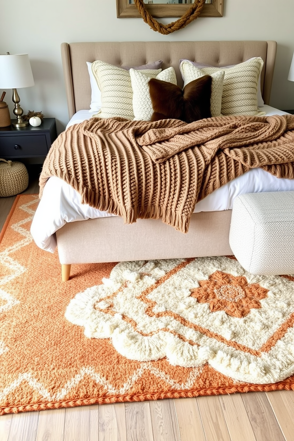 A cozy fall bedroom setting featuring a plush bed adorned with warm-toned blankets and an assortment of decorative pillows. On the bedside table, glass vases filled with seasonal blooms like chrysanthemums and dahlias add a touch of color and freshness to the room. The walls are painted in a soft beige, complemented by rich wooden furniture that enhances the autumnal feel. A woven rug lies beneath the bed, and a few candles are strategically placed to create a warm and inviting atmosphere.