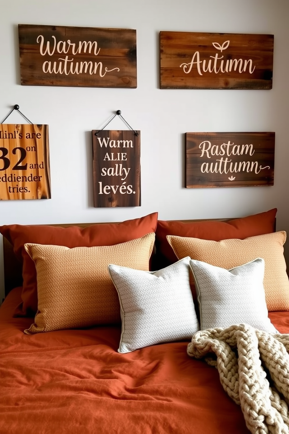 A cozy fall bedroom featuring layered bedding with soft textures. The comforter is a rich burgundy color, complemented by fluffy cream and mustard throw pillows.