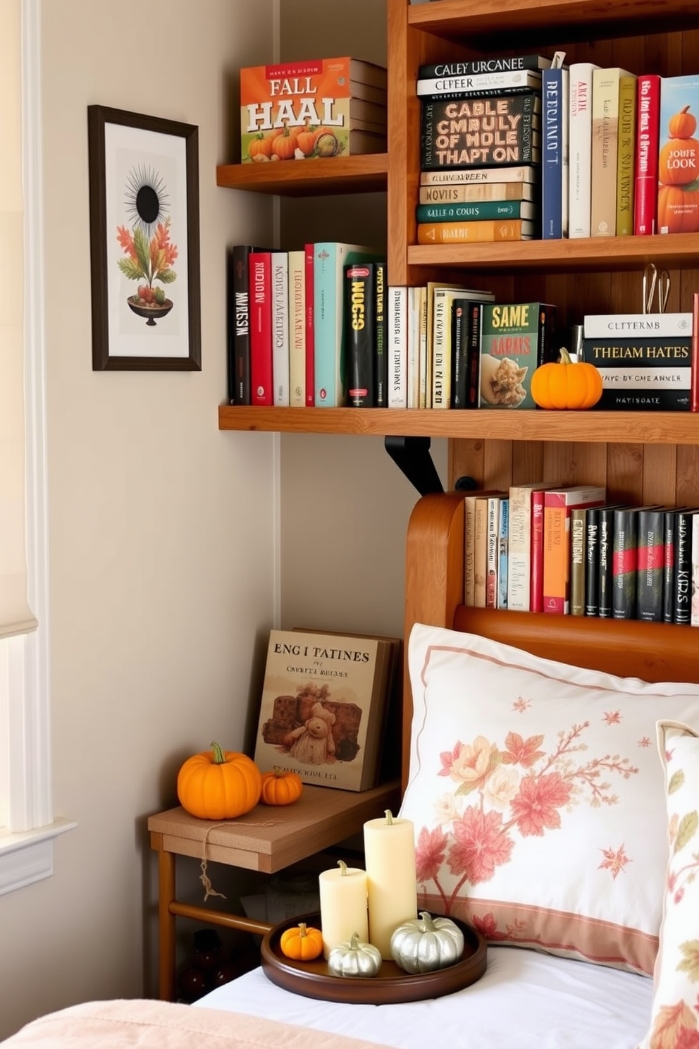 A cozy bedroom adorned with seasonal books displayed on wooden shelves. The shelves are filled with an array of colorful fall-themed books, complemented by small decorative pumpkins and candles.