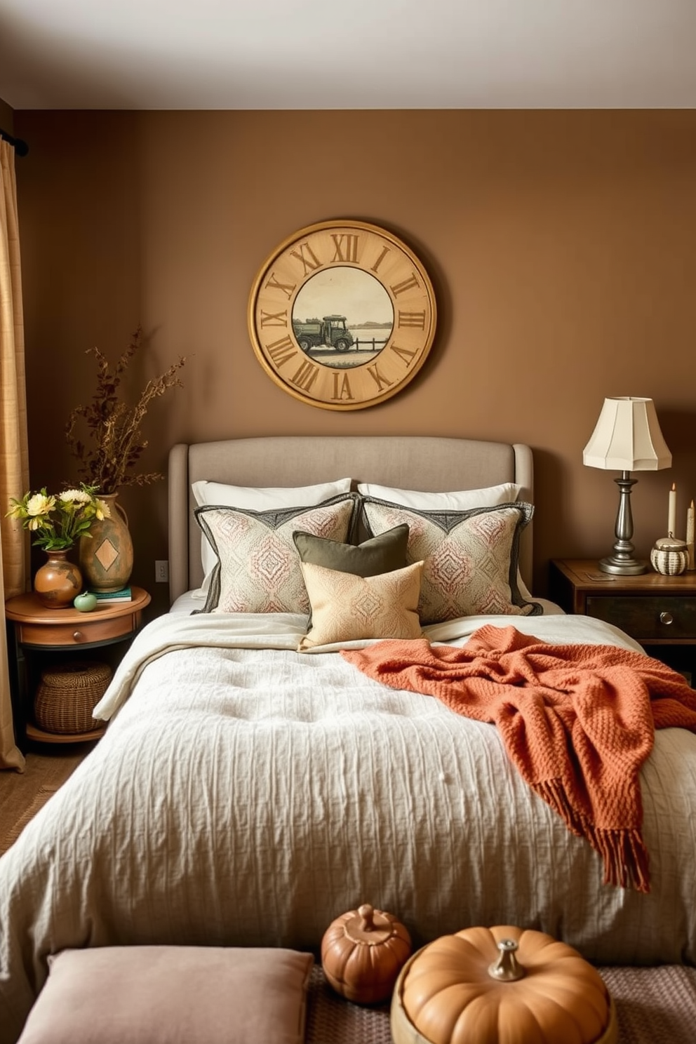 A cozy fall-themed bedroom featuring bed linens adorned with warm colors and intricate leaf patterns. The bedding is layered with plush pillows and a soft throw blanket, creating an inviting atmosphere. The walls are painted in a rich pumpkin spice hue, complemented by rustic wooden accents. A decorative pumpkin and a few autumn leaves are tastefully arranged on the nightstand, enhancing the seasonal decor.