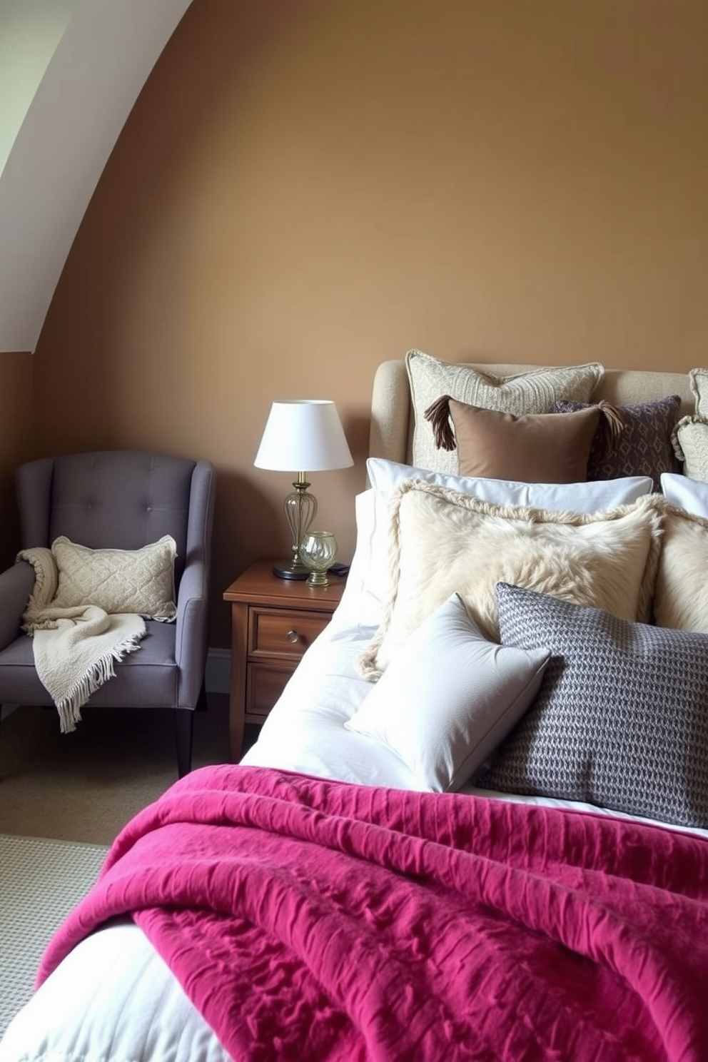 A cozy fall bedroom featuring hanging lanterns that cast a warm glow throughout the space. The room is adorned with rich, earthy tones and layered textures, creating an inviting atmosphere perfect for the season.