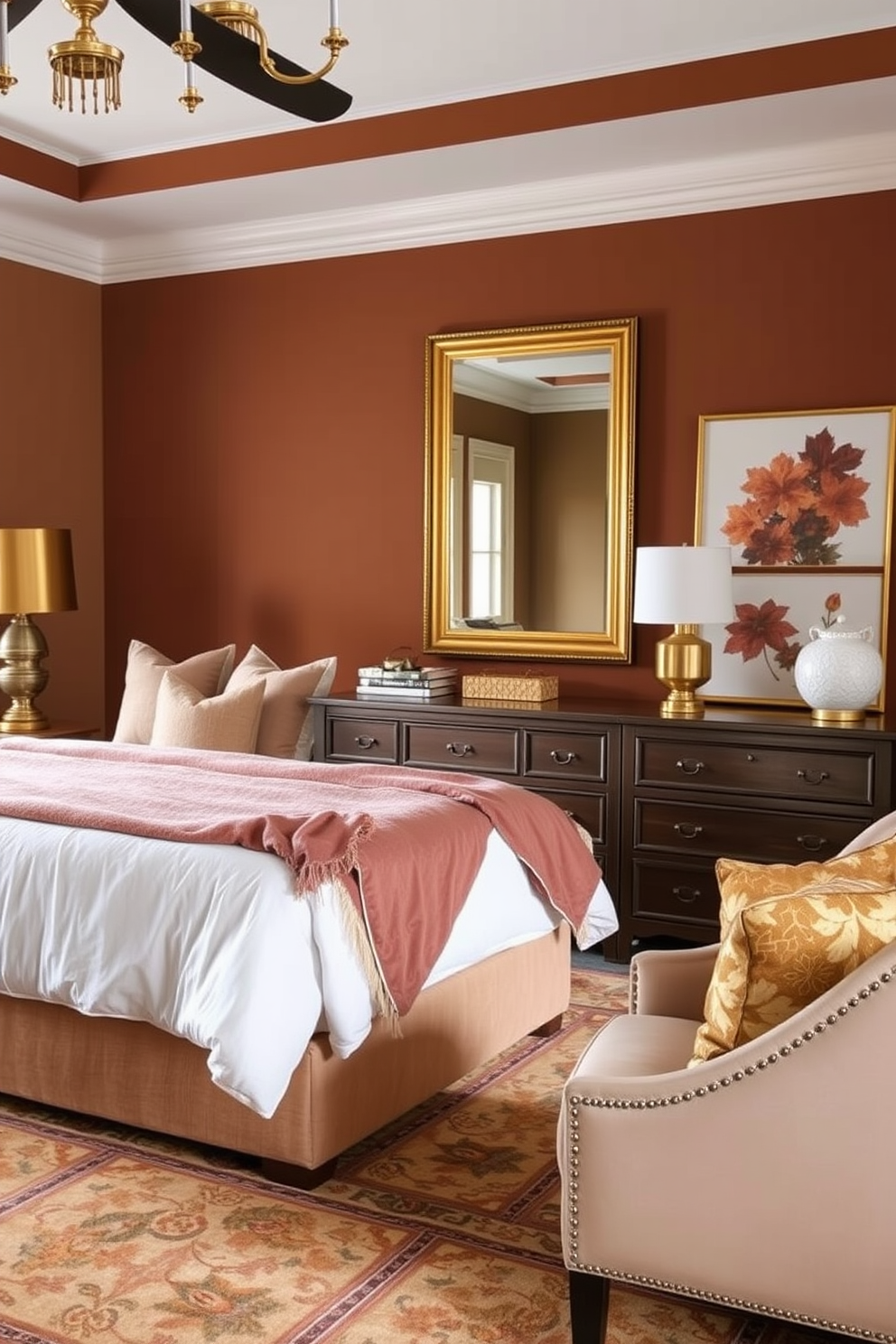 An elegant fall bedroom featuring gold and brass accents throughout. The bed is adorned with plush pillows and a luxurious throw blanket, while a stylish brass lamp sits on each nightstand. The walls are painted in warm earthy tones, complemented by an oversized gold-framed mirror above the dresser. A cozy area rug with intricate patterns adds texture, and decorative autumn-themed artwork enhances the seasonal ambiance.