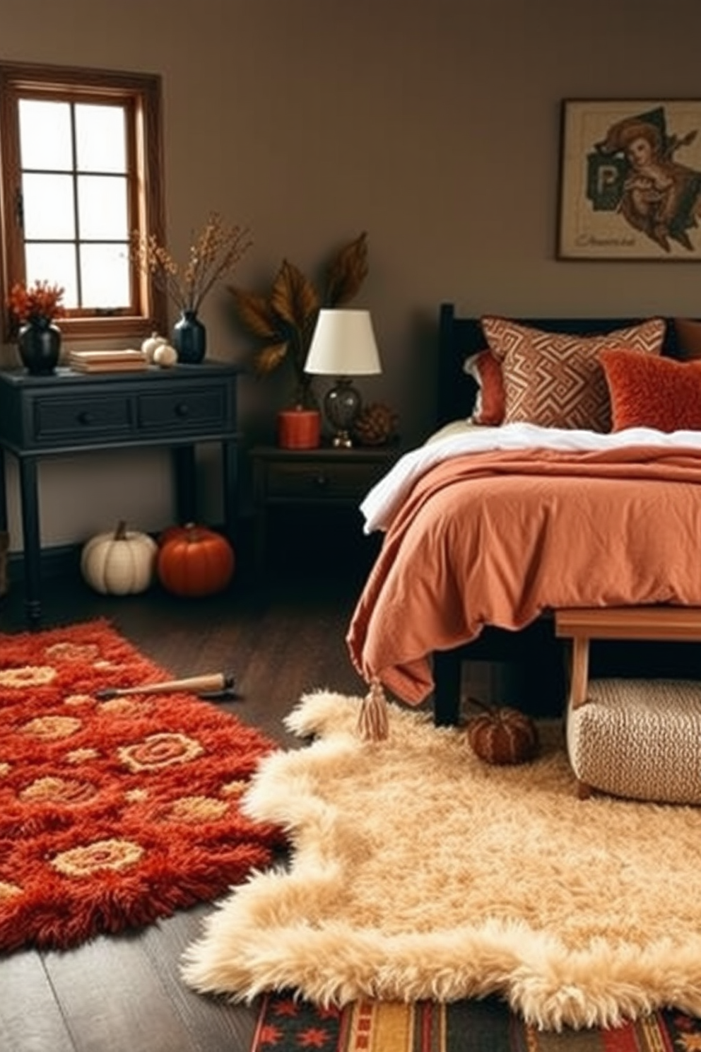 A cozy fall bedroom setting featuring wall-mounted shelves elegantly displaying a curated selection of seasonal decor. The shelves are adorned with small pumpkins, warm-toned candles, and framed autumn-themed artwork, creating a welcoming atmosphere.