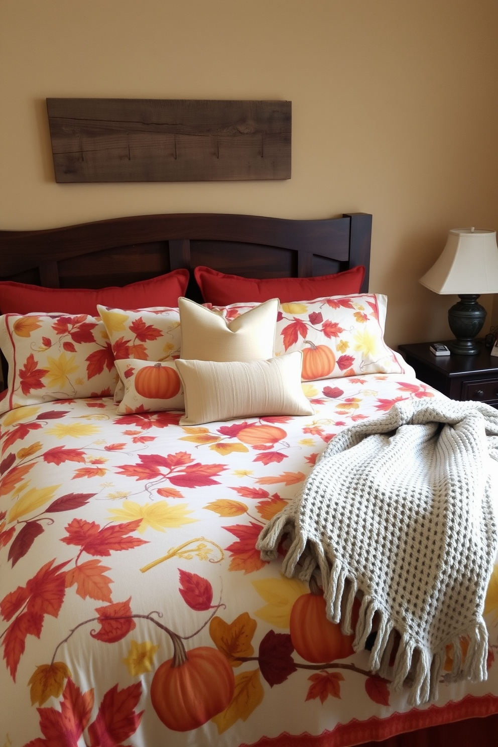 A cozy bedroom adorned with autumn-themed bedding featuring vibrant leaves and charming pumpkins. The duvet cover showcases a rich palette of oranges, yellows, and browns, complemented by plush pillows in coordinating hues. The walls are painted a warm beige, creating a welcoming atmosphere. A rustic wooden headboard adds character, while a soft, knitted throw blanket drapes over the edge of the bed for added texture.