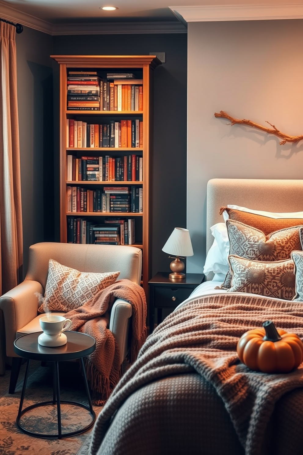 Cozy reading nook with soft lighting. A plush armchair is positioned next to a tall bookshelf filled with books, while a small side table holds a steaming cup of tea. Fall bedroom decorating ideas. The bed is adorned with warm, textured blankets and an assortment of pillows in rich autumn hues, and a decorative pumpkin sits on the nightstand.