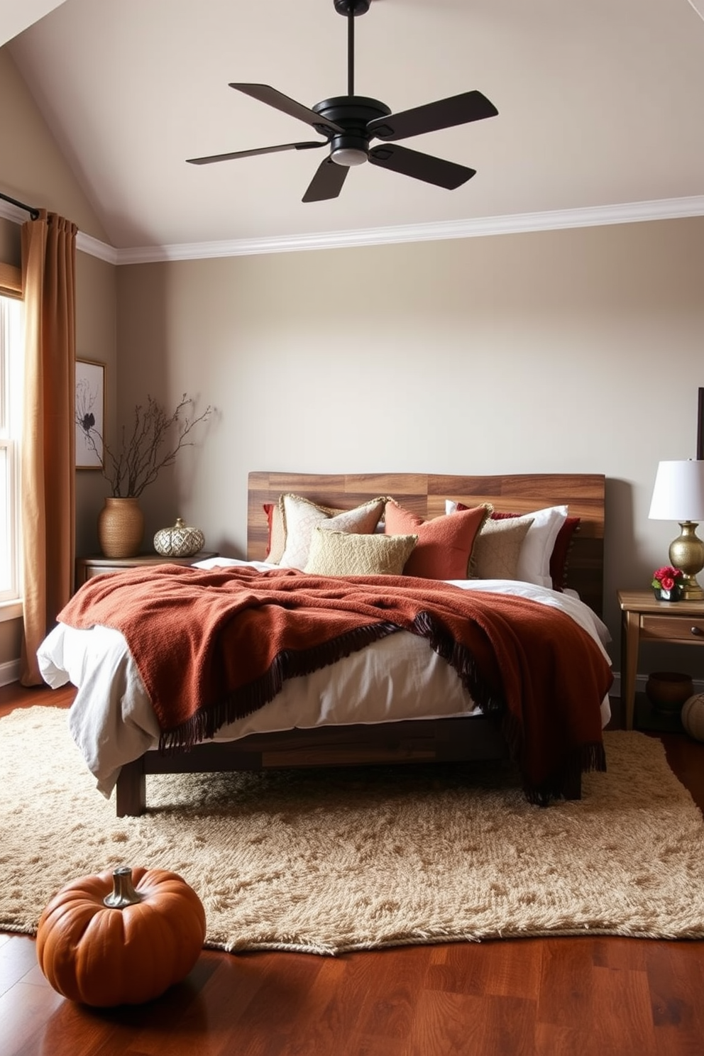 Create a cozy fall bedroom that showcases an earthy color palette with rich tones. Incorporate deep browns, burnt oranges, and muted greens throughout the decor to evoke a warm and inviting atmosphere. Feature a plush king-sized bed adorned with layered blankets and an assortment of textured pillows. Add a rustic wooden headboard and a soft area rug to enhance the comfort and style of the space.