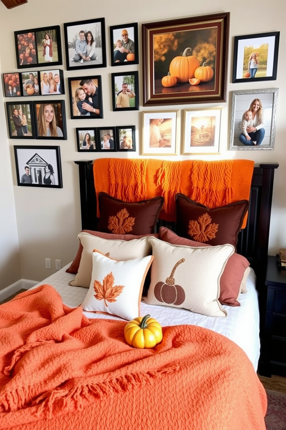 Brightly colored artwork adorns the walls, featuring abstract designs with vibrant hues of red, blue, and yellow. The artwork is complemented by soft lighting that enhances the cheerful ambiance of the room. For the fall bedroom decorating ideas, rich earth tones dominate the space with deep oranges, browns, and golds. Cozy textures are layered throughout, including a chunky knit throw on the bed and plush pillows that invite relaxation.