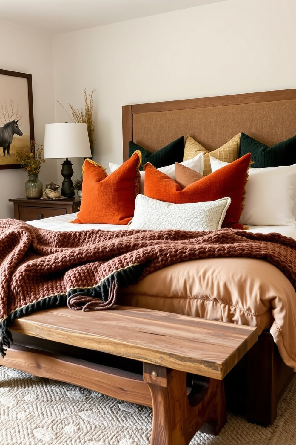 Layered textures create a cozy atmosphere in a fall-themed bedroom. Soft pillows in warm hues of rust, mustard, and deep green are artfully arranged on a plush bed, inviting relaxation and comfort. A knitted throw drapes over the edge of the bed, adding depth and warmth to the space. The walls are adorned with nature-inspired artwork, while a rustic wooden bench sits at the foot of the bed, enhancing the seasonal charm.