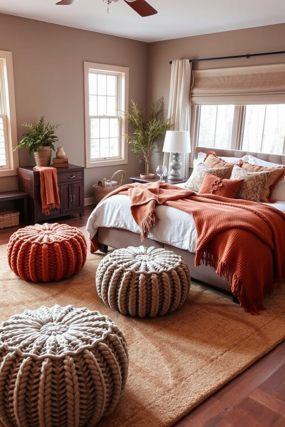 Cozy knitted poufs are scattered around a warm and inviting living room, providing extra seating options for guests. The room features a soft, oversized area rug in earthy tones, complemented by a large window that lets in natural light. For fall bedroom decorating ideas, the space is adorned with rich, warm colors like deep oranges and browns. Plush throw blankets and decorative pillows in seasonal patterns are layered on the bed, creating a snug and welcoming atmosphere.