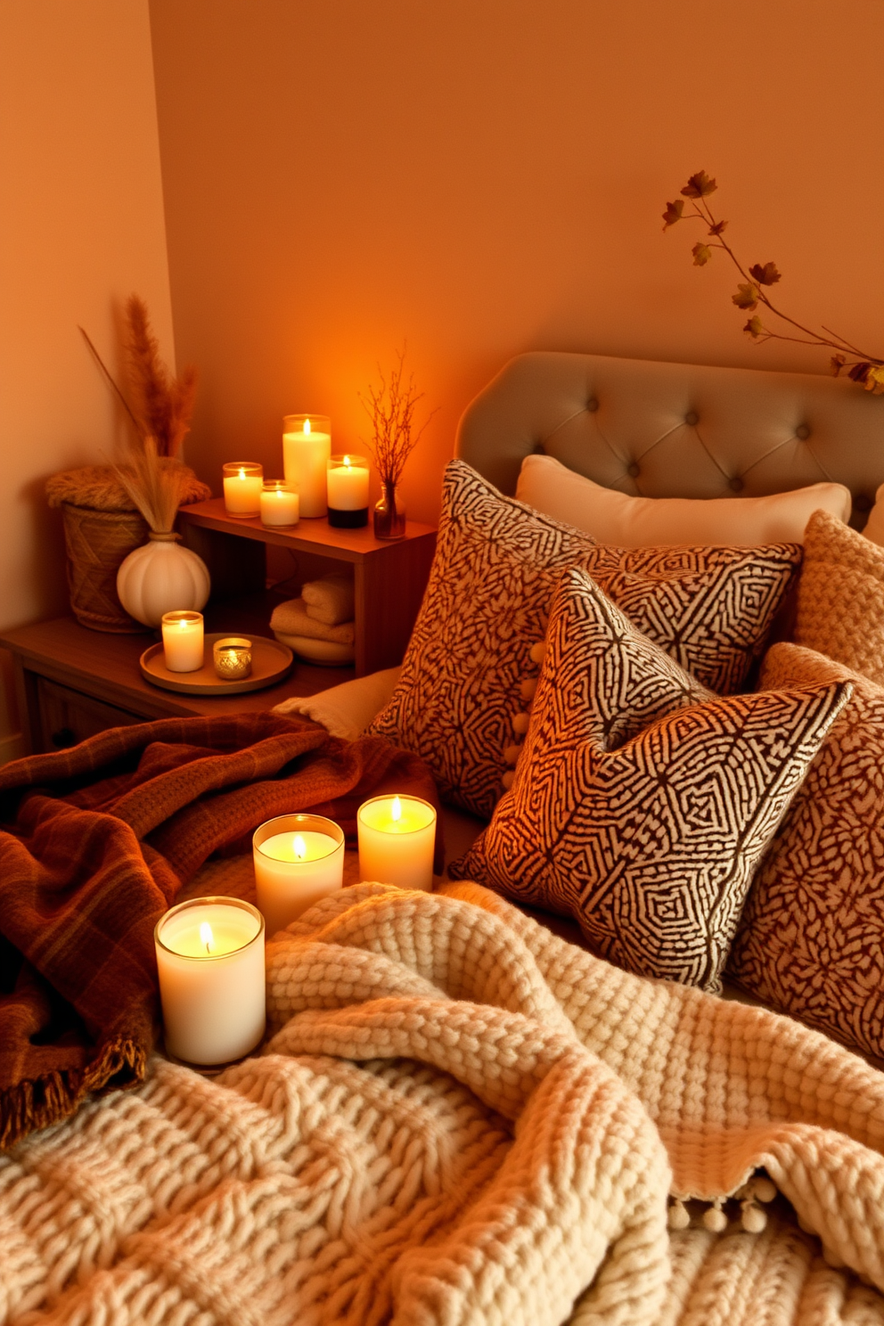 Cozy knit pillows in various shades of cream and beige are scattered across a plush bed adorned with a chunky knit blanket. The walls are painted in soft earth tones, and a warm, ambient light fills the room, creating an inviting atmosphere. Incorporate rich autumn colors with decorative elements like burnt orange and deep burgundy throw blankets draped over the armchair. A rustic wooden nightstand holds a small pumpkin and a stack of seasonal books, enhancing the fall theme.