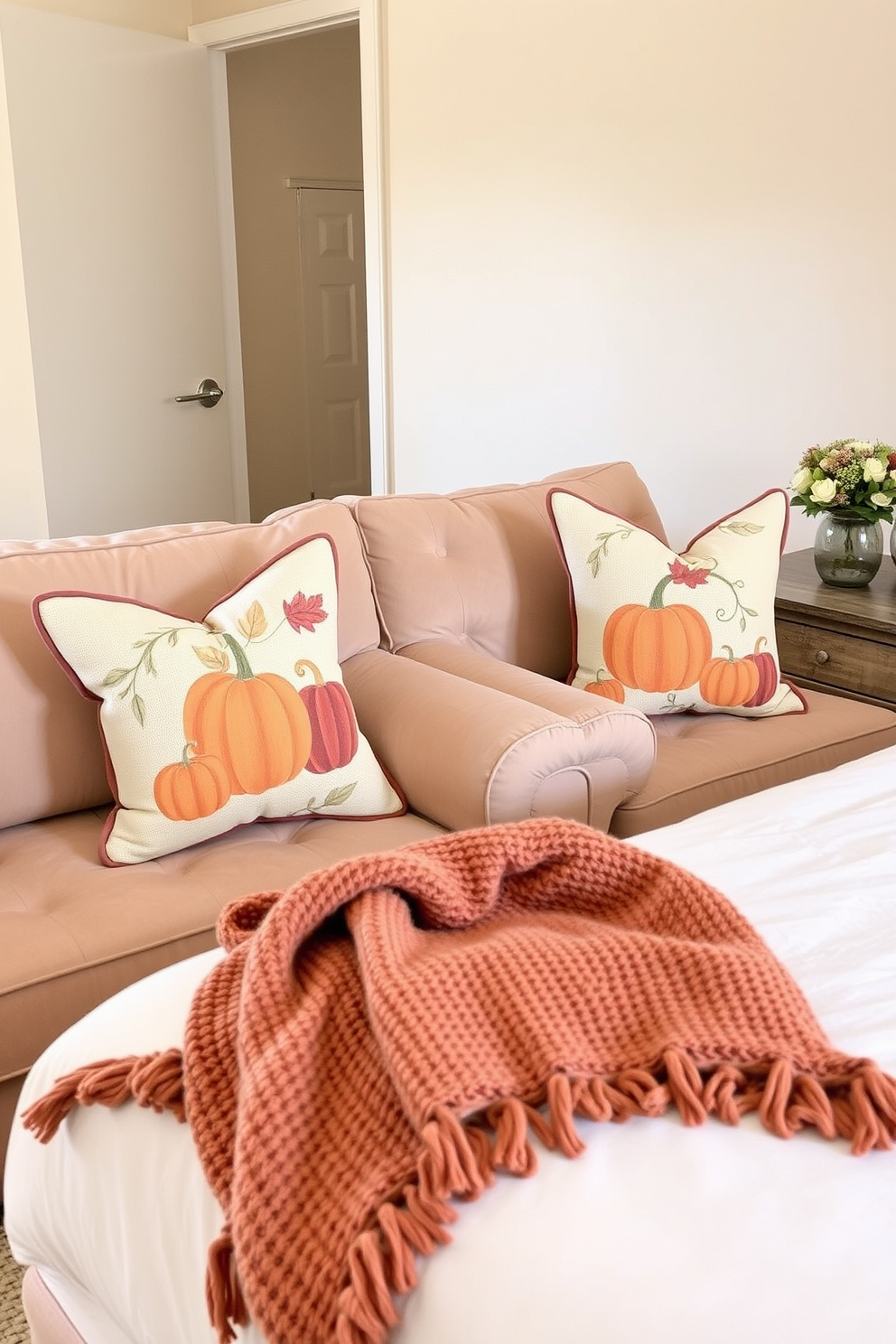 Harvest themed decorative pillows are arranged on a pair of plush couches. The pillows feature warm autumn colors and patterns of pumpkins and leaves, creating a cozy, inviting atmosphere. The bedroom is adorned with soft, earthy tones that reflect the essence of fall. A knitted throw blanket is draped over the foot of the bed, and a rustic wooden nightstand holds a small arrangement of seasonal flowers.