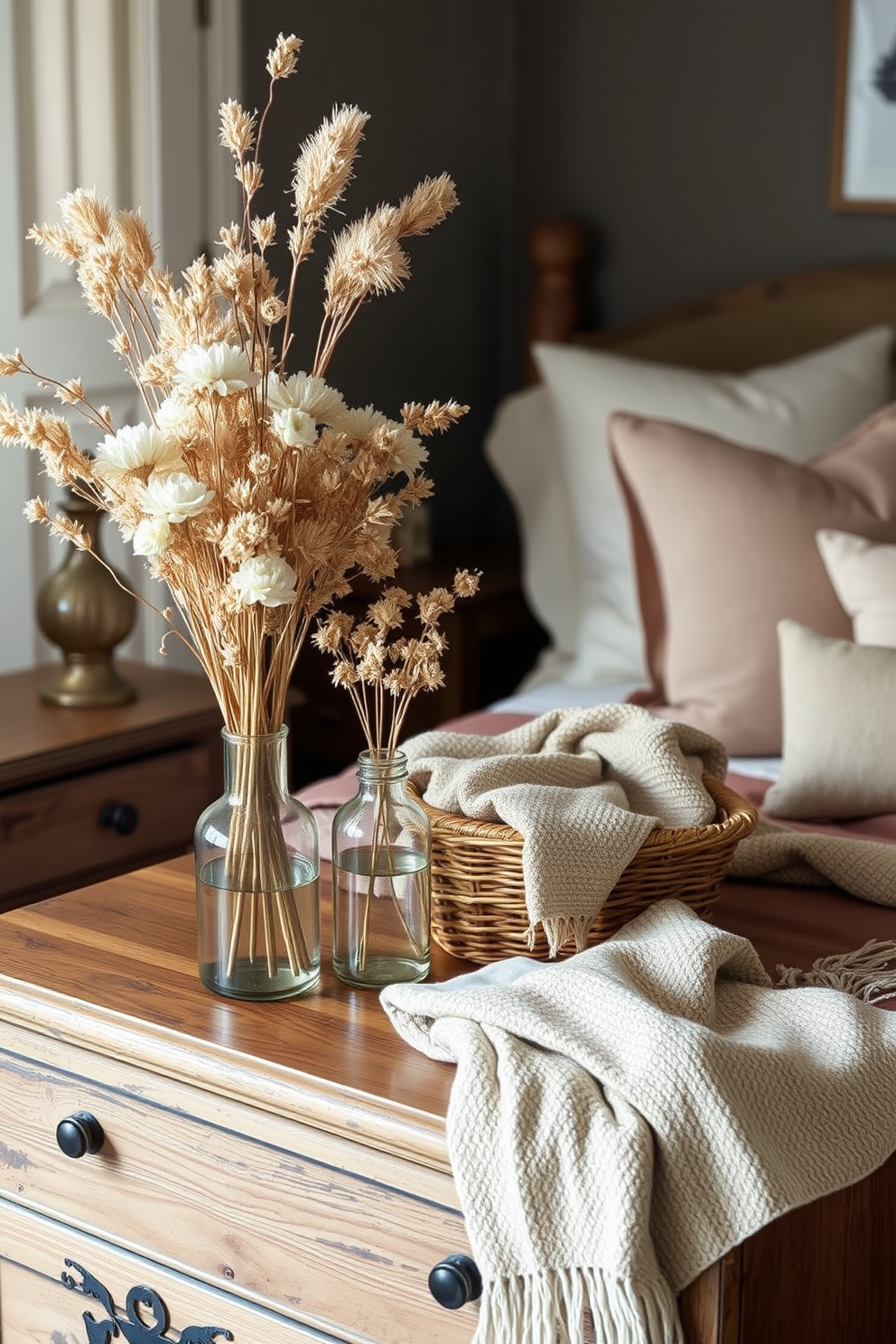 Dried flower arrangements in vases are artfully displayed on a rustic wooden dresser. The soft, warm hues of the flowers complement the cozy atmosphere of the fall-themed bedroom. The bedding features rich, earthy tones with textured throws and plush pillows. A woven basket sits beside the bed, filled with additional blankets for a touch of comfort and style.