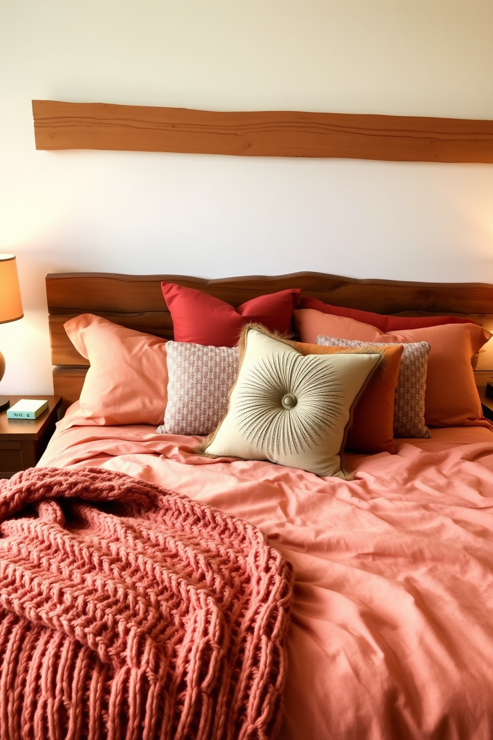 A cozy fall bedroom featuring soft flannel sheets in warm earth tones. The bed is adorned with a chunky knit blanket and decorative pillows in rich autumn hues. A wooden headboard adds a rustic touch to the space. Warm ambient lighting from bedside lamps creates a welcoming atmosphere.