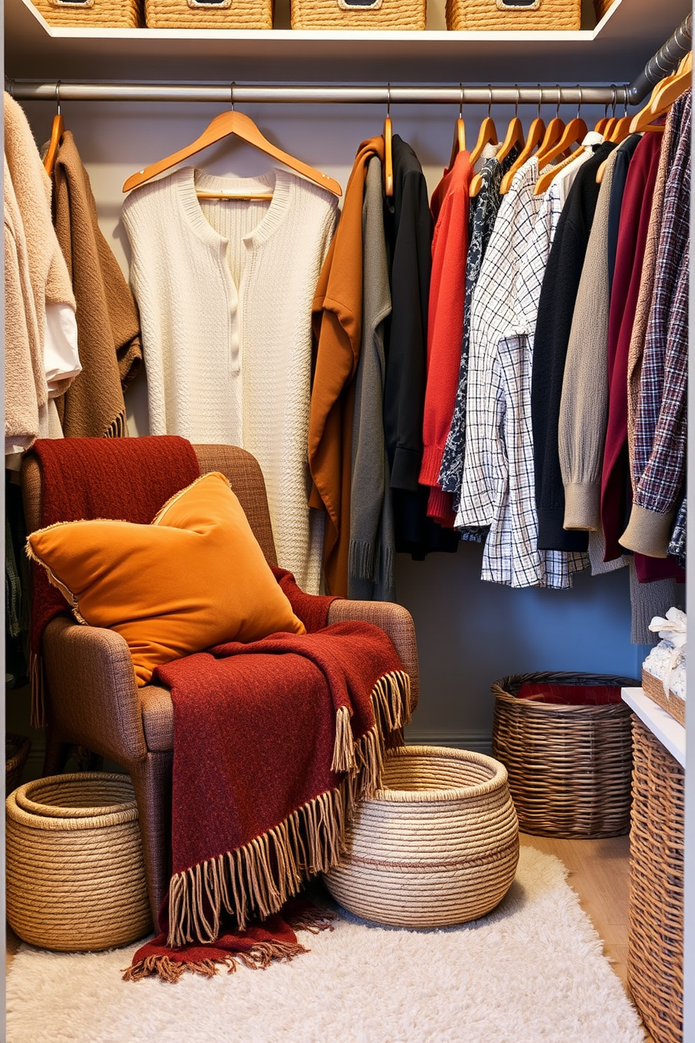 Cozy knit storage baskets are arranged neatly on a wooden shelf, providing a warm and inviting touch to the closet space. The baskets are filled with seasonal essentials, creating an organized and stylish display. Soft autumn hues dominate the closet, with warm tones of orange, burgundy, and mustard yellow accentuating the space. Decorative elements like small pumpkins and dried leaves are thoughtfully placed among the clothing, enhancing the fall theme.