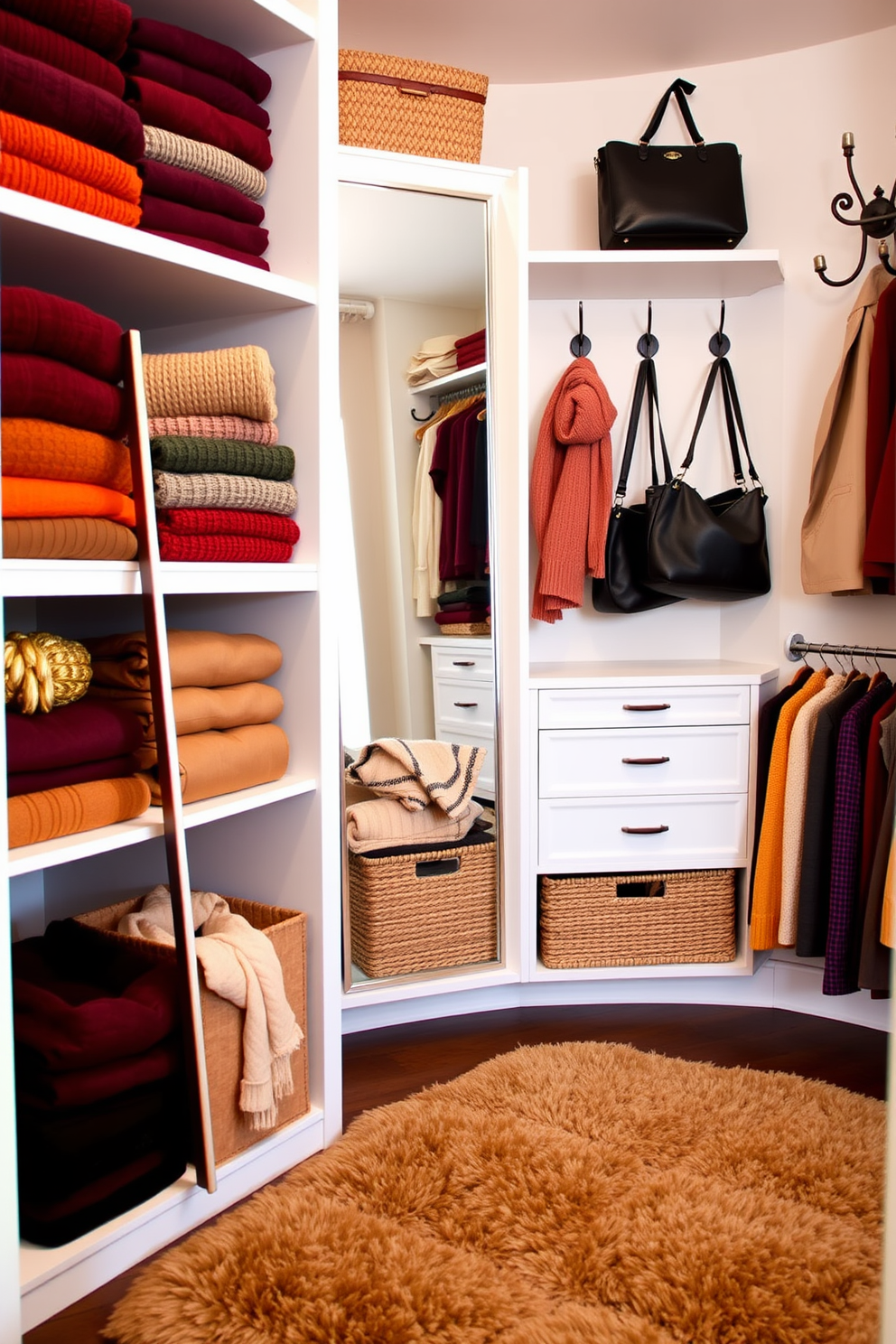 A stylish fall closet featuring mirrored accents that reflect light and create an illusion of spaciousness. The closet showcases a blend of seasonal colors with warm tones, incorporating rich burgundy and soft gold for a sophisticated touch. The shelves are elegantly organized with neatly folded sweaters and accessories displayed in chic boxes. A full-length mirror is positioned to the side, enhancing the overall design while providing functionality for outfit selection.