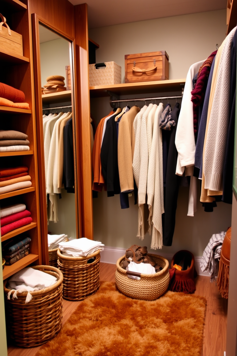 Fall inspired fabric bins for storage. These bins are made of warm-toned fabrics such as burnt orange and deep burgundy, adorned with subtle leaf patterns to evoke the essence of autumn. For closet decorating ideas, consider incorporating cozy textures and seasonal colors. Use decorative labels in earthy tones to organize the bins and add a touch of seasonal charm.