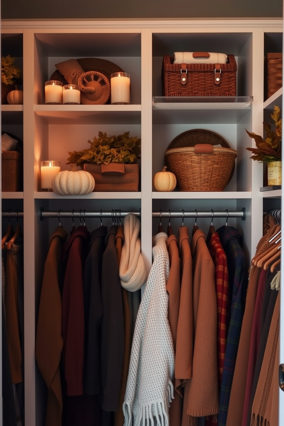 A cozy fall closet space adorned with natural elements like pinecones and leaves. The walls are painted in warm earth tones, and shelves are filled with seasonal clothing and accessories. On the floor, a soft rug in autumn hues adds comfort, while a decorative basket holds additional pinecones. A small potted plant with vibrant leaves sits on a shelf, bringing a touch of nature indoors.