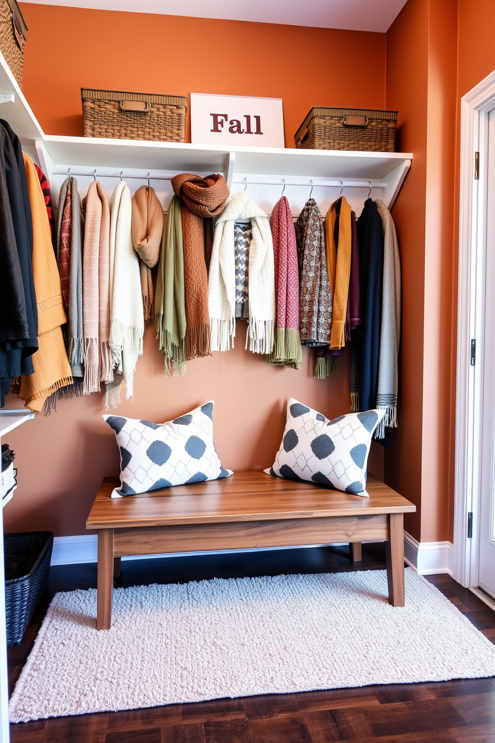 A cozy fall closet decorated with woven wall hangings that add texture and warmth. The closet features rich autumnal colors with a mix of deep oranges, browns, and golds, creating a welcoming atmosphere. The woven wall hangings are strategically placed to enhance the visual interest of the space. Shelves are adorned with seasonal accessories like scarves and hats, complementing the overall fall theme.