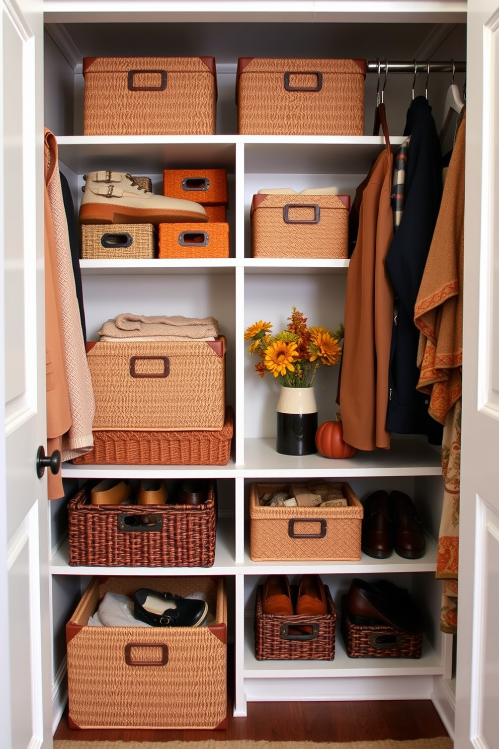 Chic labels for organized storage boxes. Each box features a sleek design with a minimalist aesthetic, showcasing elegant typography that enhances the overall decor. Fall Closet Decorating Ideas. The closet is adorned with warm autumn tones, incorporating cozy textures and seasonal accents to create an inviting atmosphere.