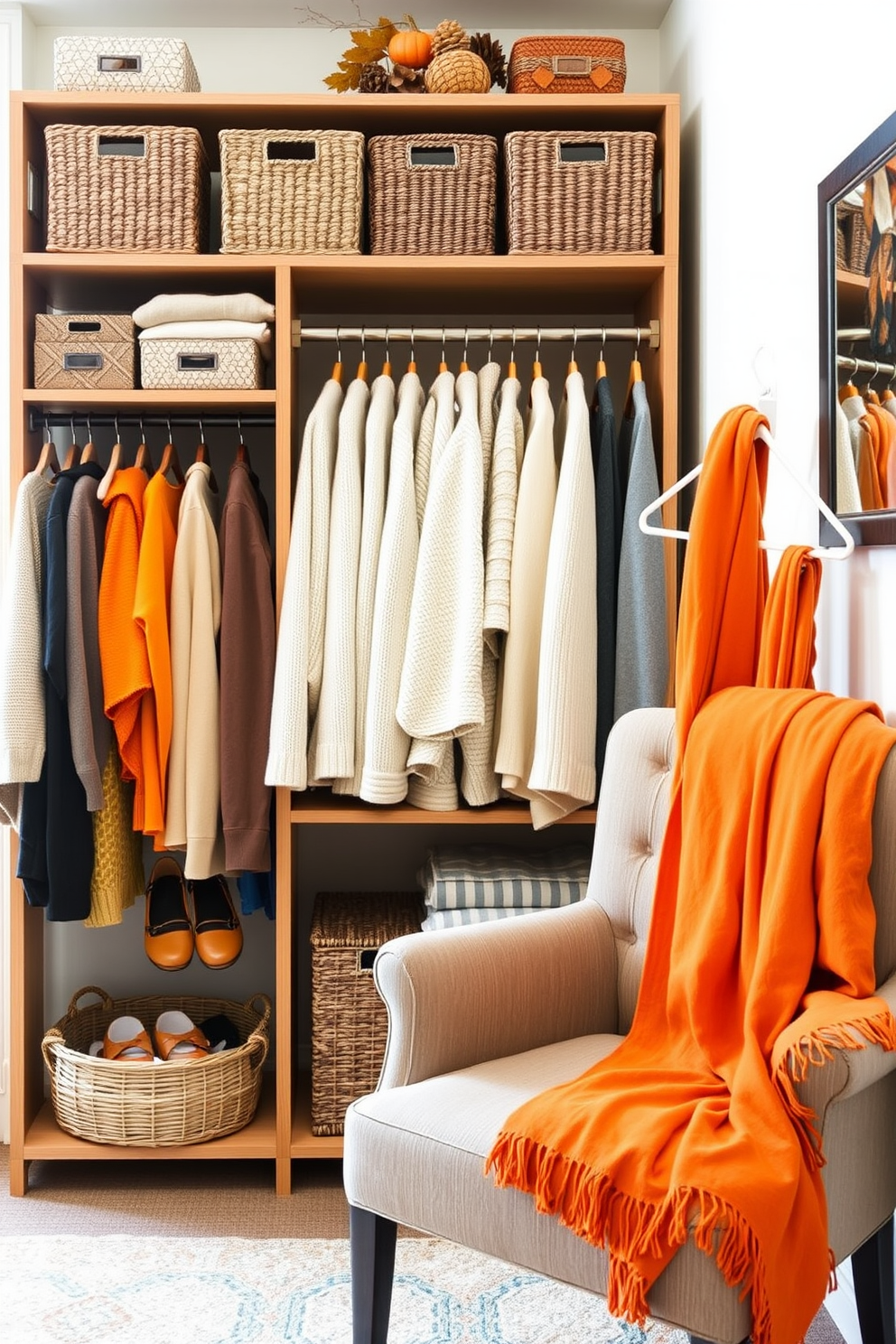 A cozy fall closet adorned with vibrant fall foliage arrangements. The shelves are filled with seasonal clothing in warm tones, complemented by decorative pumpkins and rich textures. Hanging from the rods are stylish scarves and cozy knitwear, creating an inviting atmosphere. The floor features a soft rug in autumn hues, enhancing the overall warmth of the space.