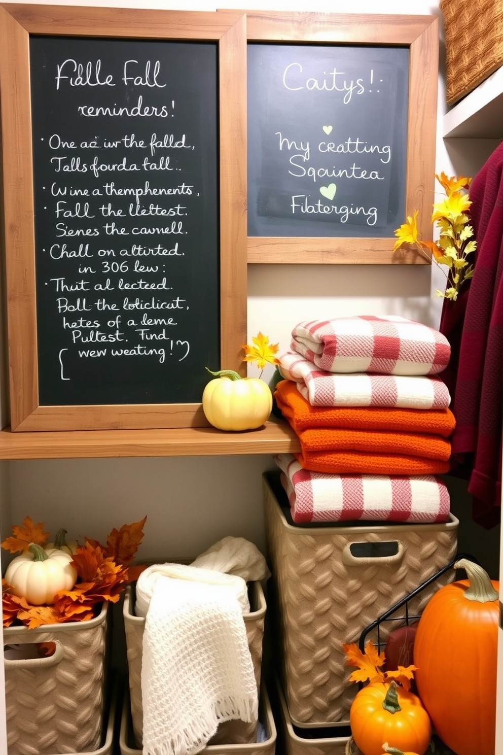 A cozy closet space featuring earthy tones on the walls creates a warm and inviting atmosphere. The shelves are lined with neatly organized shoes and accessories, while soft lighting enhances the natural hues. Decorative elements like woven baskets and a plush rug add texture and comfort to the space. Seasonal accents such as autumn leaves or small pumpkins can be incorporated for a touch of fall charm.