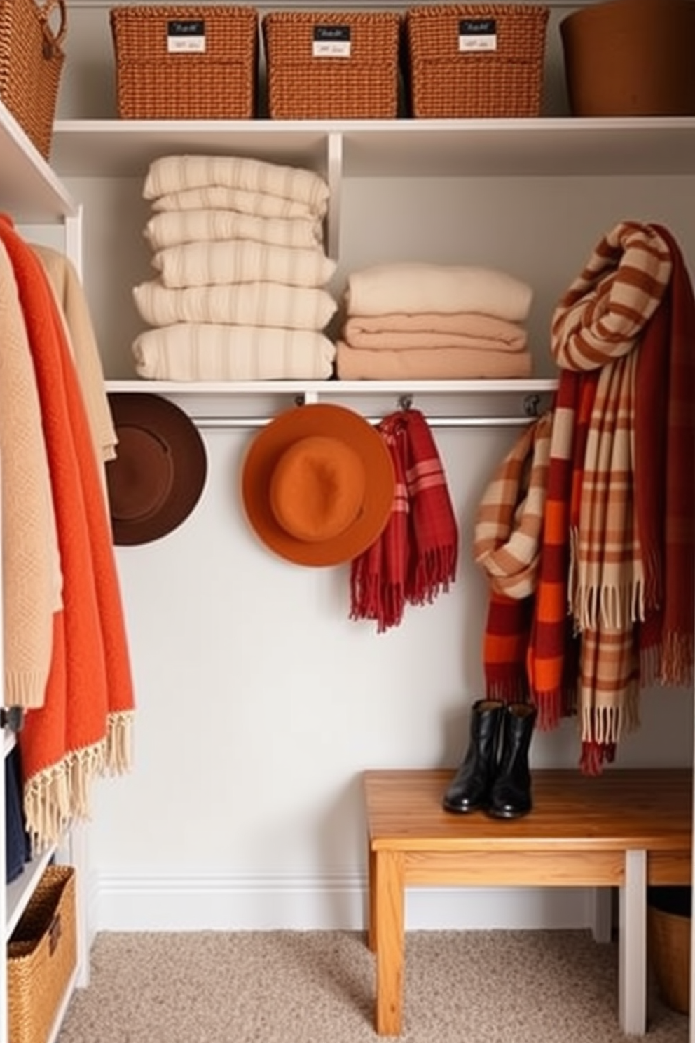 A functional yet stylish closet seating area features a plush upholstered bench with built-in storage underneath. The walls are adorned with elegant wallpaper and the flooring is a warm hardwood that complements the overall aesthetic. Decorative pillows in rich textures add comfort to the seating, while a stylish chandelier hangs above to enhance the ambiance. A full-length mirror is positioned nearby, reflecting the beautiful decor and making the space feel more expansive.