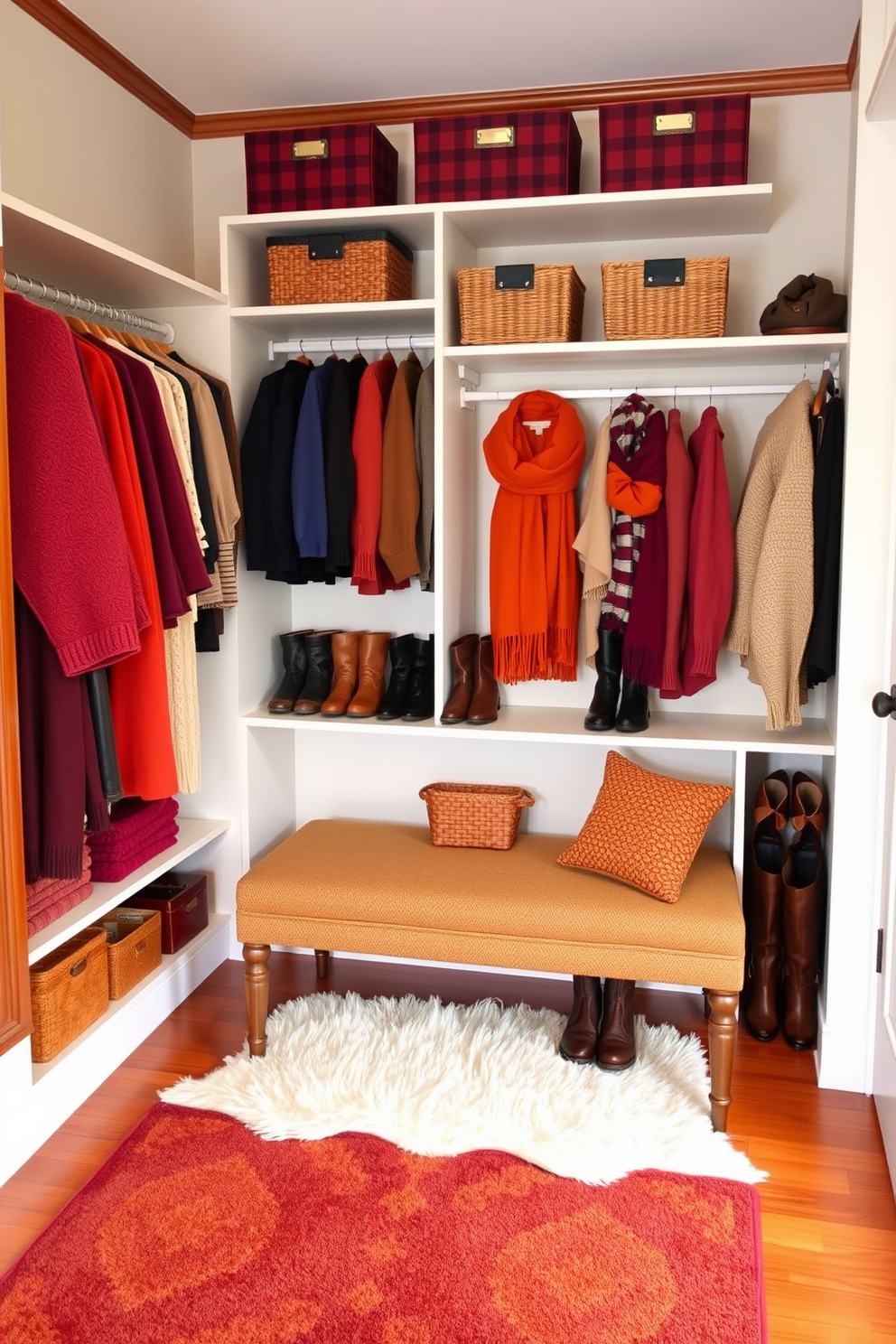 A cozy fall closet featuring a warm color palette of deep oranges and rich browns. The space is adorned with soft textiles, including chunky knit throws and plush cushions, creating an inviting atmosphere. Stylish wooden shelves display neatly folded sweaters and seasonal accessories. A vintage mirror hangs on the wall, reflecting the warm hues and enhancing the overall charm of the closet.