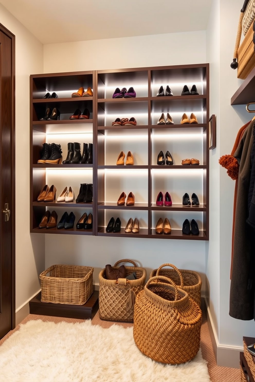 A stylish fall closet featuring rich wooden shelving and metallic accents throughout. The space is adorned with gold hangers and decorative storage boxes that add a touch of elegance to the organized layout. The walls are painted in a warm taupe hue, creating a cozy atmosphere perfect for the season. Plush, textured rugs in deep burgundy complement the overall design while providing comfort underfoot.